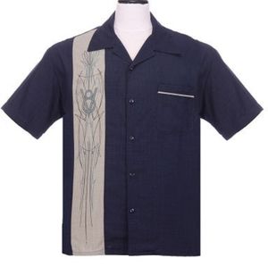 Steady Clothing V8 Pinstripe Panel Bowling Shirt in Navy